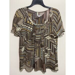 J. Jill Size Medium 100% Silk Brown Raglan Short Sleeve Blouse Pleated Front